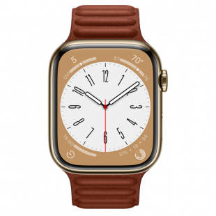 Apple Watch Series 8 // 45мм GPS + Cellular // Корпус из нержавеющей стали золотого цвета, кожаный браслет темно-коричневого цвета, размер ремешка S/M