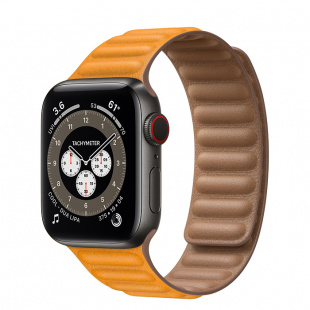 Apple Watch Series 6 // 40мм GPS + Cellular // Корпус из титана цвета «черный космос», кожаный браслет цвета «Золотой апельсин», размер ремешка M/L