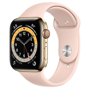Apple Watch Series 6 // 44мм GPS + Cellular // Корпус из нержавеющей стали золотого цвета, спортивный ремешок цвета «Розовый песок»