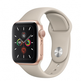 Apple Watch Series 5 // 44мм GPS // Корпус из алюминия золотого цвета, спортивный ремешок бежевого цвета