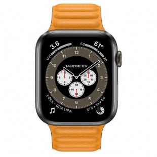 Apple Watch Series 6 // 44мм GPS + Cellular // Корпус из титана цвета «черный космос», кожаный браслет цвета «Золотой апельсин», размер ремешка S/M