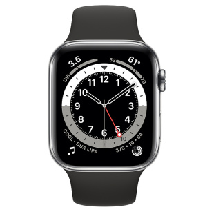 Apple Watch Series 6 // 44мм GPS + Cellular // Корпус из нержавеющей стали серебристого цвета, спортивный ремешок черного цвета
