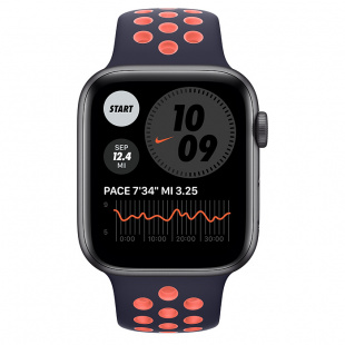 Apple Watch SE // 44мм GPS // Корпус из алюминия цвета «серый космос», спортивный ремешок Nike цвета «Полночный синий/манго» (2020)