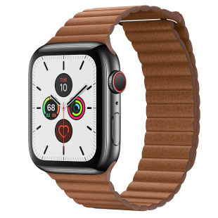 Apple Watch Series 5 // 44мм GPS + Cellular // Корпус из нержавеющей стали цвета «серый космос», кожаный ремешок золотисто-коричневого цвета, размер ремешка M