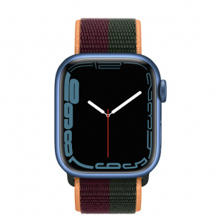 Apple Watch Series 7 // 45мм GPS + Cellular // Корпус из алюминия синего цвета, спортивный браслет цвета «тёмная вишня/зелёный лес»