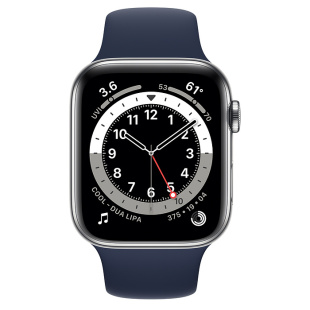 Apple Watch Series 6 // 44мм GPS + Cellular // Корпус из нержавеющей стали серебристого цвета, спортивный ремешок цвета «Тёмный ультрамарин»
