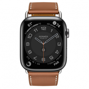Apple Watch Series 7 Hermès // 45мм GPS + Cellular // Корпус из нержавеющей стали цвета «черный космос», ремешок Single Tour Attelage цвета Gold