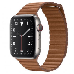 Apple Watch Series 5 // 44мм GPS + Cellular // Корпус из титана, кожаный ремешок золотисто-коричневого цвета, размер ремешка M