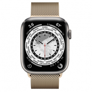 Apple Watch Series 7 // 45мм GPS + Cellular // Корпус из титана, миланский сетчатый браслет золотого цвета