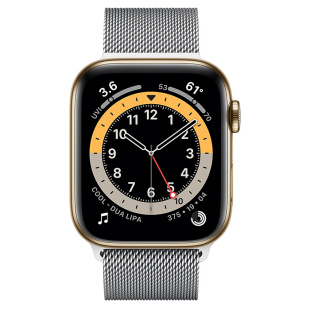 Apple Watch Series 6 // 44мм GPS + Cellular // Корпус из нержавеющей стали золотого цвета, миланский сетчатый браслет серебристого цвета