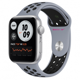 Apple Watch SE // 40мм GPS // Корпус из алюминия серебристого цвета, спортивный ремешок Nike цвета «Дымчатый серый/чёрный» (2020)