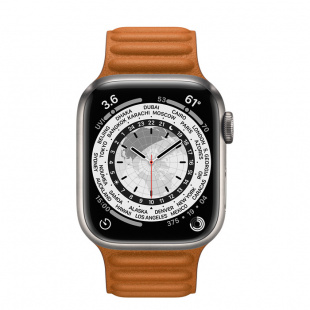 Apple Watch Series 7 // 41мм GPS + Cellular // Корпус из титана, кожаный браслет цвета «золотистая охра», размер ремешка M/L