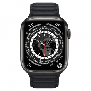Apple Watch Series 7 // 41мм GPS + Cellular // Корпус из титана цвета «черный космос», кожаный браслет цвета «тёмная ночь», размер ремешка S/M