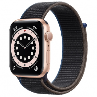 Apple Watch Series 6 // 44мм GPS // Корпус из алюминия золотого цвета, спортивный браслет угольного цвета