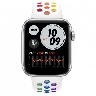Apple Watch SE // 44мм GPS // Корпус из алюминия серебристого цвета, спортивный ремешок Nike радужного цвета (2020)