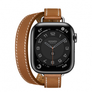 Apple Watch Series 7 Hermès // 41мм GPS + Cellular // Корпус из нержавеющей стали цвета «черный космос», ремешок Double Tour Attelage из кожи Barénia цвета Fauve