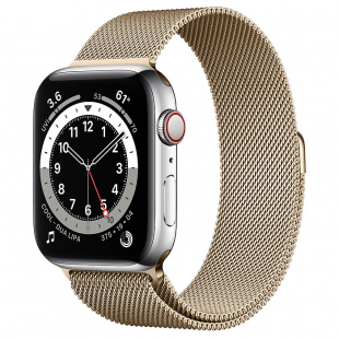 Apple Watch Series 6 // 40мм GPS + Cellular // Корпус из нержавеющей стали серебристого цвета, миланский сетчатый браслет золотого цвета