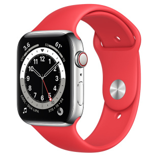 Apple Watch Series 6 // 44мм GPS + Cellular // Корпус из нержавеющей стали серебристого цвета, спортивный ремешок цвета (PRODUCT)RED