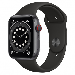 Apple Watch Series 6 // 44мм GPS + Cellular // Корпус из алюминия цвета «серый космос», спортивный ремешок черного цвета