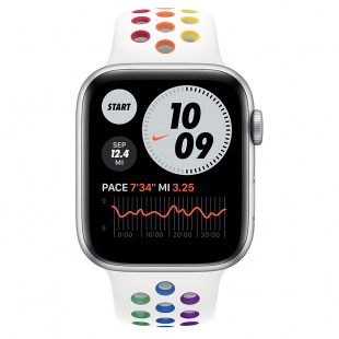 Apple Watch Series 6 // 44мм GPS // Корпус из алюминия серебристого цвета, спортивный ремешок Nike радужного цвета
