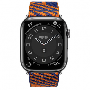 Apple Watch Series 7 Hermès // 45мм GPS + Cellular // Корпус из нержавеющей стали цвета «черный космос», ремешок Hermès Simple Tour Jumping цвета Bleu Saphir/Orange