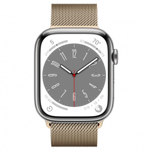 Apple Watch Series 8 // 45мм GPS + Cellular // Корпус из нержавеющей стали серебристого цвета, миланский сетчатый браслет золотого цвета