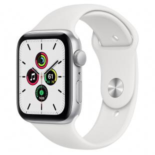 Apple Watch SE // 44мм GPS // Корпус из алюминия серебристого цвета, спортивный ремешок белого цвета (2020)
