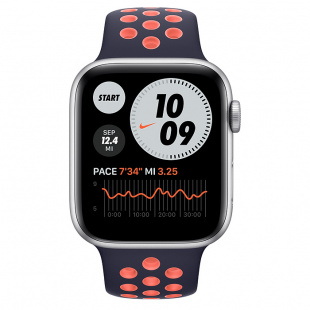 Apple Watch SE // 44мм GPS // Корпус из алюминия серебристого цвета, спортивный ремешок Nike цвета «Полночный синий/манго» (2020)