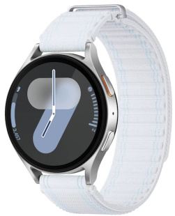 Samsung Galaxy Watch7 (44 мм) Wifi, серебристый корпус, текстильный браслет бело-голубого цвета