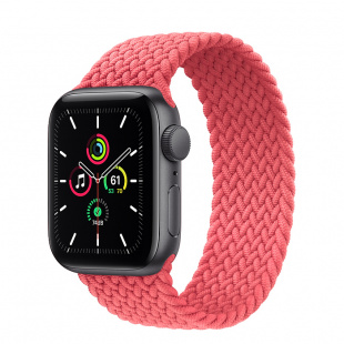 Apple Watch SE // 44мм GPS // Корпус из алюминия цвета «серый космос», плетёный монобраслет цвета «Розовый пунш» (2020)