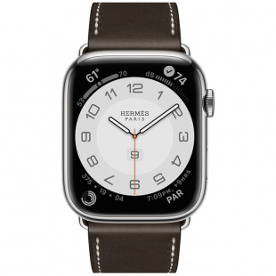 Apple Watch Series 7 Hermès // 45мм GPS + Cellular // Корпус из нержавеющей стали серебристого цвета, ремешок Single Tour цвета Ébène с раскладывающейся застёжкой (Deployment Buckle)