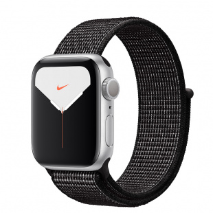 Apple Watch Series 5 // 44мм GPS + Cellular // Корпус из алюминия серебристого цвета, спортивный браслет Nike чёрного цвета