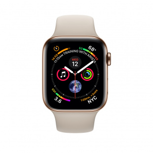 Apple Watch Series 4 // 44мм GPS + Cellular // Корпус из нержавеющей стали золотого цвета, спортивный ремешок цвета "золотой камень" (MTV72)