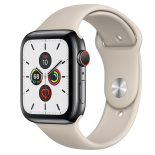 Apple Watch Series 5 // 44мм GPS + Cellular // Корпус из нержавеющей стали цвета «серый космос», спортивный ремешок бежевого цвета