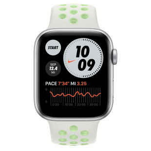 Apple Watch SE // 44мм GPS // Корпус из алюминия серебристого цвета, спортивный ремешок Nike цвета «Еловая дымка/пастельный зелёный» (2020)