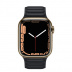 Apple Watch Series 7 // 45мм GPS + Cellular // Корпус из нержавеющей стали золотого цвета, кожаный браслет цвета «тёмная ночь», размер ремешка S/M