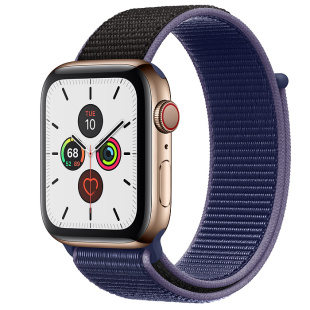 Apple Watch Series 5 // 44мм GPS + Cellular // Корпус из нержавеющей стали золотого цвета, спортивный браслет тёмно-синего цвета