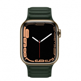 Apple Watch Series 7 // 45мм GPS + Cellular // Корпус из нержавеющей стали золотого цвета, кожаный браслет цвета «зелёная секвойя», размер ремешка S/M