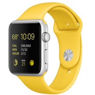 Apple Watch Sport 42 мм, серебристый алюминий, спортивный ремешок жёлтого цвета